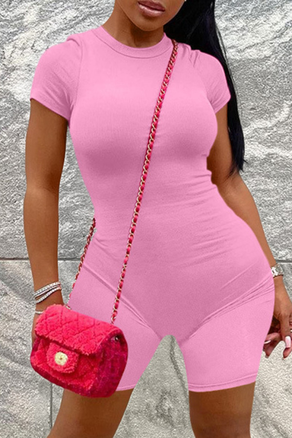 Pink Casual Solid Patchwork O Neck Skinny Romper