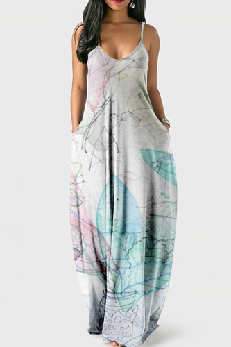 Powder Blue Sexy Print Patchwork Spaghetti Strap Sling Dress Dresses