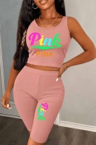Light Pink Casual Print Letter U Neck Sleeveless Two Pieces