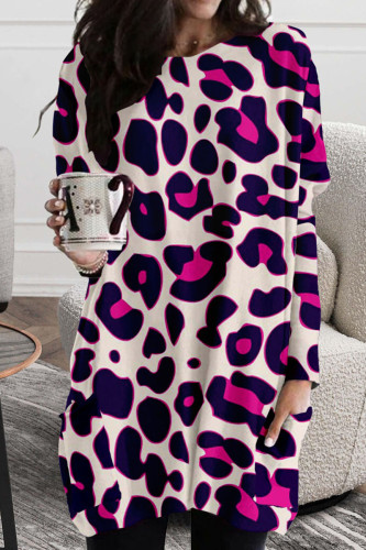 Fuchsia Casual Print Leopard Patchwork O Neck Irregular Dress Dresses