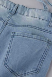 Jeans de mezclilla de cintura alta con retazos ahuecados de vendaje rasgado sólido de calle sexy azul claro