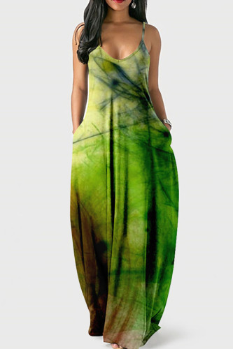Green Sexy Print Patchwork Spaghetti Strap Sling Dress Dresses