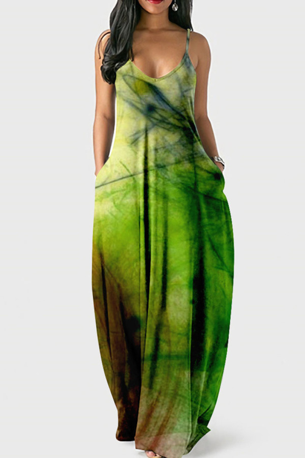グリーン セクシー プリント パッチワーク スパゲッティ ストラップ スリング ドレス ドレス