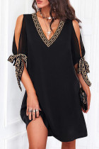 Black Casual Print Bandage Hollowed Out Patchwork V Neck Straight Dresses