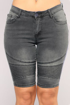 Short en jean taille haute à plis patchwork uni gris Street