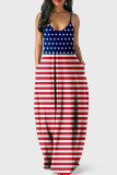 Navy Sexy Striped Flag Star Print Patchwork Spaghetti Strap Sling Loose Cami Maxi Dresses