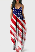 Red Blue Sexy Striped Flag Star Print Patchwork Spaghetti Strap Sling Loose Cami Maxi Dresses