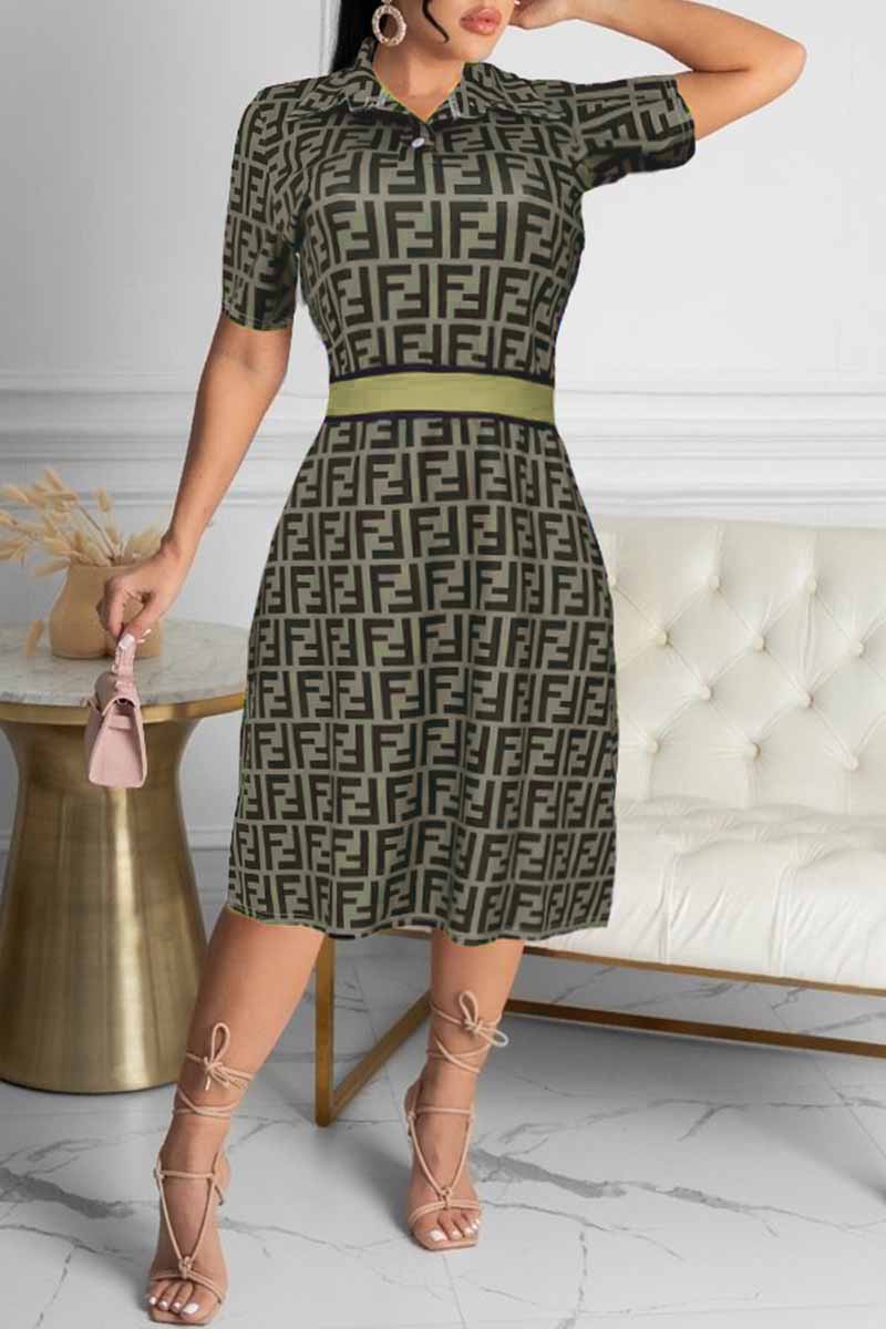 

Grey Brown Casual Print Patchwork Letter Turndown Collar A Line Dresses