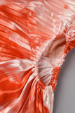 Tangerine Red Street Print Patchwork Fold Asimétrico Cuello oblicuo Vestidos rectos