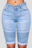 Pantalones cortos de mezclilla de cintura alta con pliegues de patchwork liso azul oscuro de Street