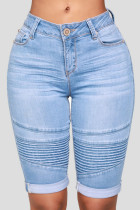Short en jean taille haute à plis patchwork uni bleu bébé