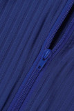Синие повседневные однотонные узкие комбинезоны с воротником-молнией в стиле пэчворк