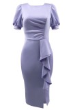 Фиолетовые повседневные однотонные платья в стиле пэчворк с разрезом и круглым вырезом, юбка-карандаш