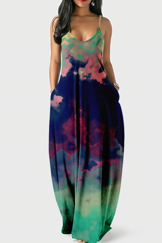Deep Blue Sexy Print Patchwork Spaghetti Strap Sling Dress Dresses