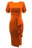 Vestidos de falda de lápiz con cuello en O con abertura de patchwork sólido casual naranja
