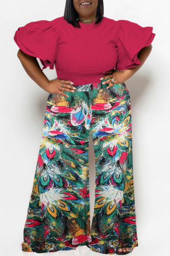 Rose Red Casual Print Patchwork O Neck Plus Size Two Pieces
