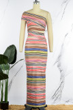 Цветное сексуальное полосатое платье с лоскутным принтом и открытой спиной с разрезом и косым воротником, длинное платье, платья