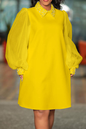 Vestidos retos amarelos elegantes e lisos patchwork com miçangas gola redonda