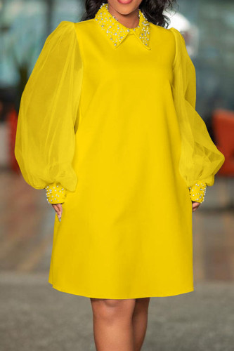 Robes droites décontractées élégantes en patchwork solide jaune à col rabattu