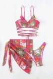 Rose Red Sexy Print Bandage Backless Swimsuit Three Piece Set (With Paddings)