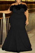 Zwarte sexy stevige patchwork veren strapless avondjurk plus size jurken