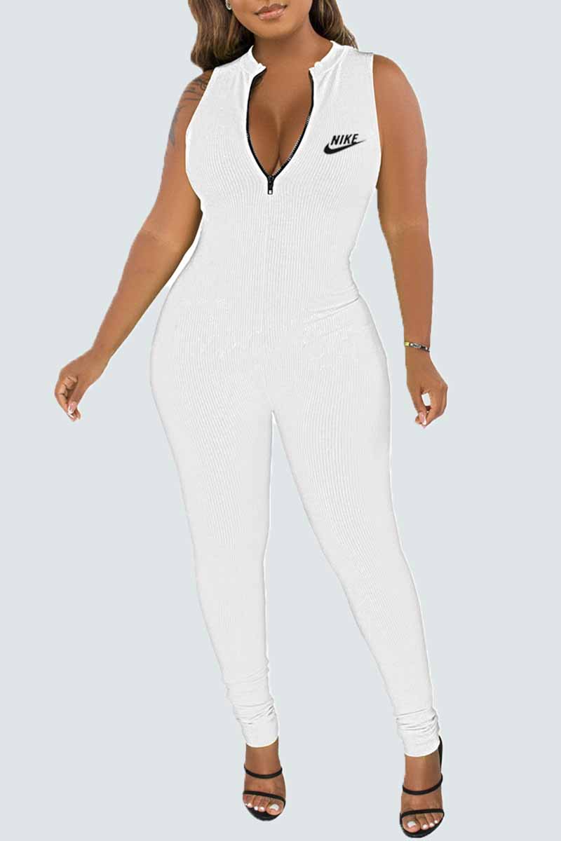 

White Street Print Letter Zipper Collar Jumpsuits