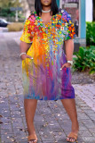 Multicolor Casual Print Basic V-hals kortärmad klänning