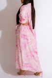 Розово-розовые повседневные платья с длинным рукавом и воротником-стойкой с принтом в стиле пэчворк