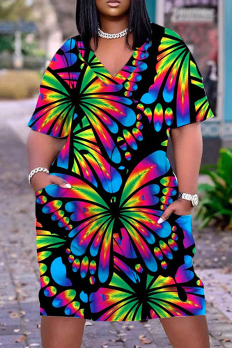 Black Casual Print Basic V Neck Short Sleeve Dress Dresses