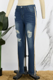 Dark Blue Casual Solid Tassel Patchwork Plus Size Jeans