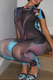 Blue Sexy Print Hollowed Out Patchwork See-through Backless O Neck Skinny Jumpsuits
