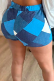 Blaue, lässig bedruckte Patchwork-Hose mit hoher Taille und Bleistift-Volldruck