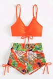 Orange Sexy Print Frenulum Backless Swimwears (With Paddings)
