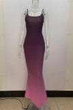 ローズレッドのセクシーなグラデーションプリントパッチワークスパゲッティストラップスリングドレスドレス