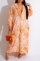 Robes orange décontracté imprimé patchwork col chemise manches longues