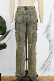 Jeans de mezclilla regular de cintura alta de patchwork sólido informal multicolor