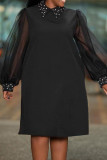 Black Casual Elegant Solid Patchwork Beading Turndown Collar Straight Dresses