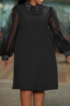 Vestidos retos pretos casuais elegantes patchwork liso com contas e gola redonda