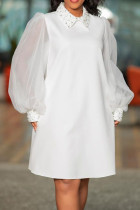 Vestidos retos brancos elegantes e lisos patchwork com miçangas gola redonda