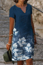 Tibetansk blå Casual Print Patchwork V-hals raka klänningar