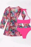 Blue Sexy Print Patchwork Swimsuit Three Piece Set (With Paddings)