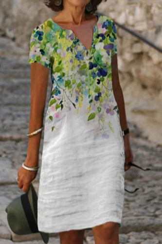 White Green Casual Print Patchwork V Neck Straight Dresses