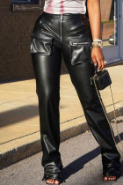 Pantalones de color sólido rectos de cintura alta regular con bolsillo de patchwork sólido de calle negro