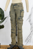 Multicolor Casual Solid Patchwork High Waist Regular Denim Jeans