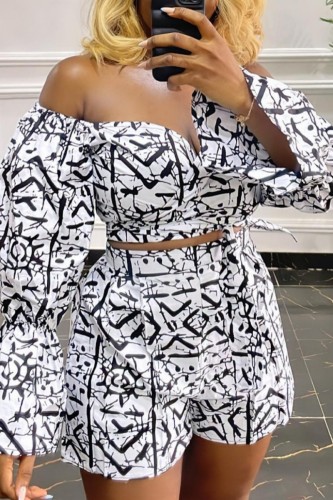 White Sexy Print Backless Off the Shoulder Long Sleeve Two Pieces