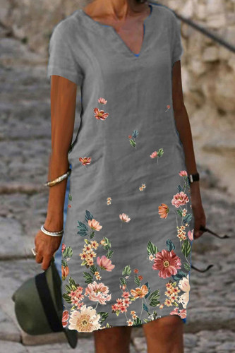 Grey Casual Print Patchwork V Neck Straight Dresses
