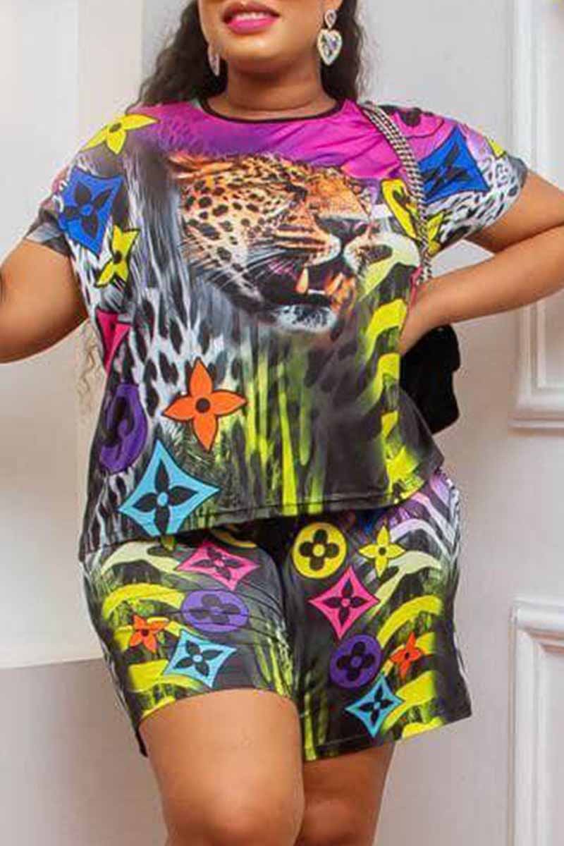 

Multi-color Casual Print Animal Patchwork O Neck Short Sleeve Two Pieces
