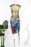 Kleur Sexy Street Print Patchwork Trekkoord Doorzichtige Asymmetrische O-hals Onregelmatige jurkjurken