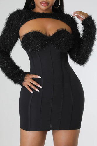 Black Sexy Solid Patchwork Strapless Three Quarter Two Pieces