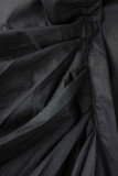 Schwarze, sexy, solide Schlitzfalte mit V-Ausschnitt, langärmlige Kleider in Übergröße